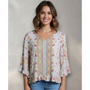 Rose & Thyme 3/4 Ruffle Sleeve Floral Vneck Top Multicolor Size XL